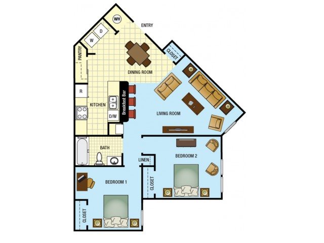 Two Bedroom One Bathroom Floor Plan 2